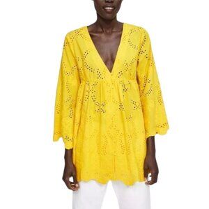 Zara Yellow Eyelet Tunic Mini Dress Button Front Cotton